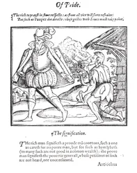 A Rich Man Spurns a Ragged Beggar, från "A Christall Glass of Christian Reformation" av Stephen Bateman, 1569